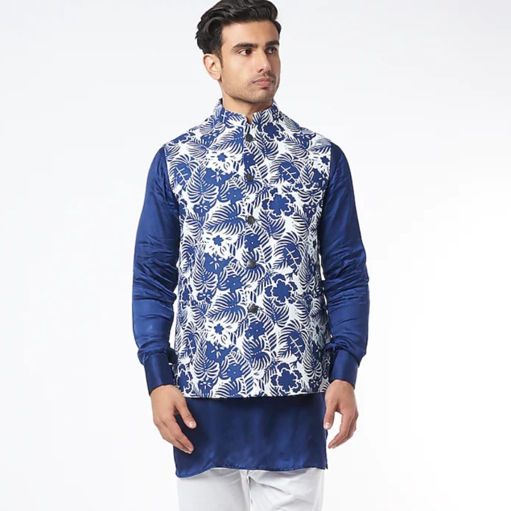 Blue Kurta Set With Printed Bundi Jacket
